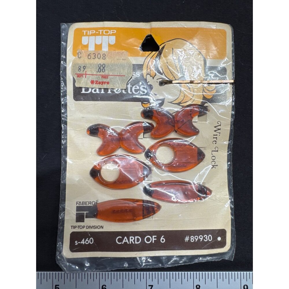Vintage Tip-Top Wire-Lock Hair Barrettes Card Of 6 Brown Topaz Plastic NOS